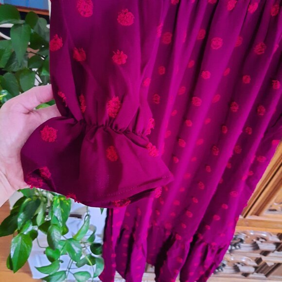 Button Down Smocked Swiss Dot Ruffle Tiered Boho Maxi Dress NWT! - Wine/Red, S - Picture 5 of 16